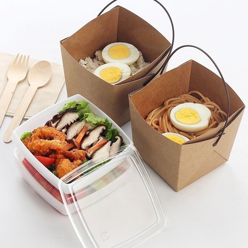 Tái chế giấy Kraft Hộp đựng mì ăn trưa mang đi có khay và tay cầm