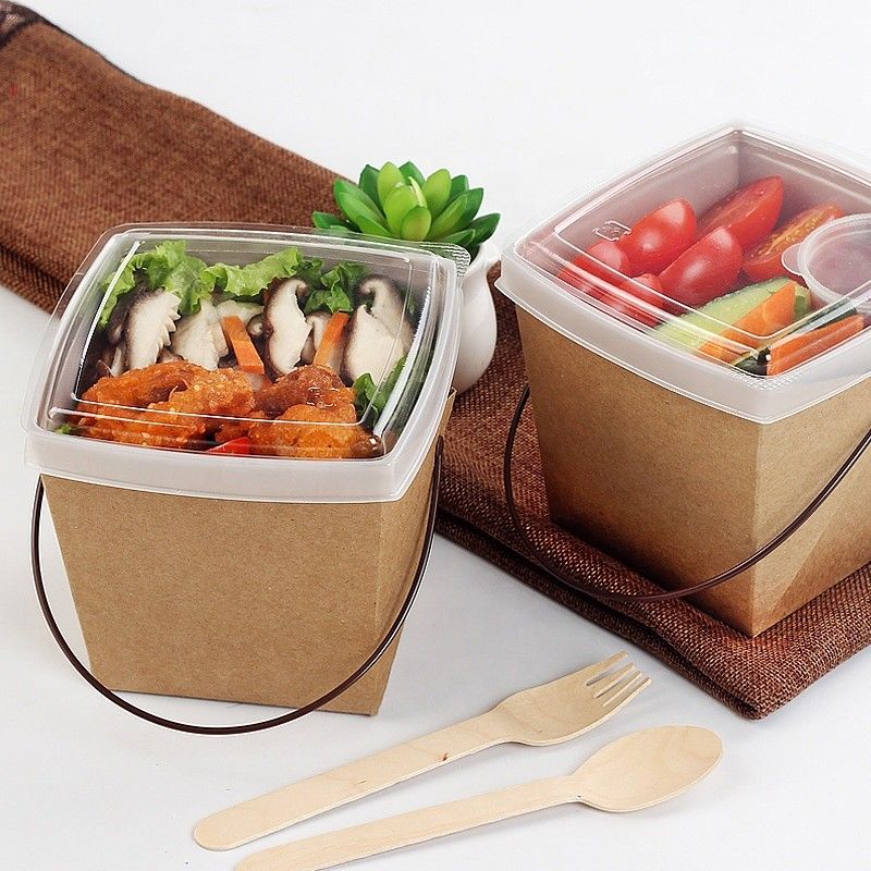 Tái chế giấy Kraft Hộp đựng mì ăn trưa mang đi có khay và tay cầm